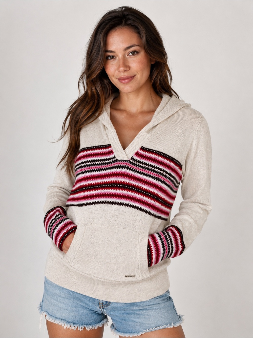 ROXY Women’s XL Knit Hooded Sweater Ivory Pink Black Striped Pullover